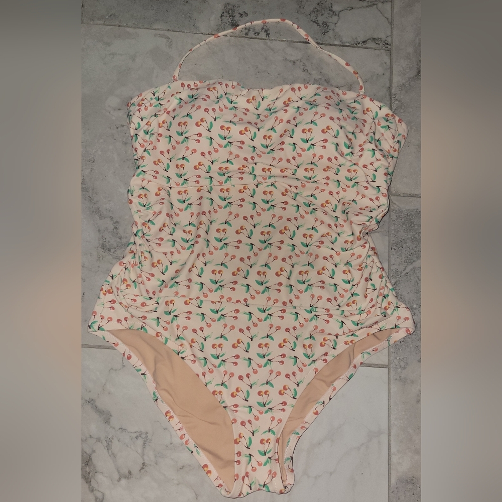 J by J. Crew Cherry Print One Piece Swimsuit‎ Sz Large Ruched Sides